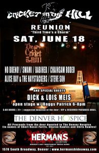 Poster for the Third Annual Cricket on the Hill Reunion and benefit at Herman's.
